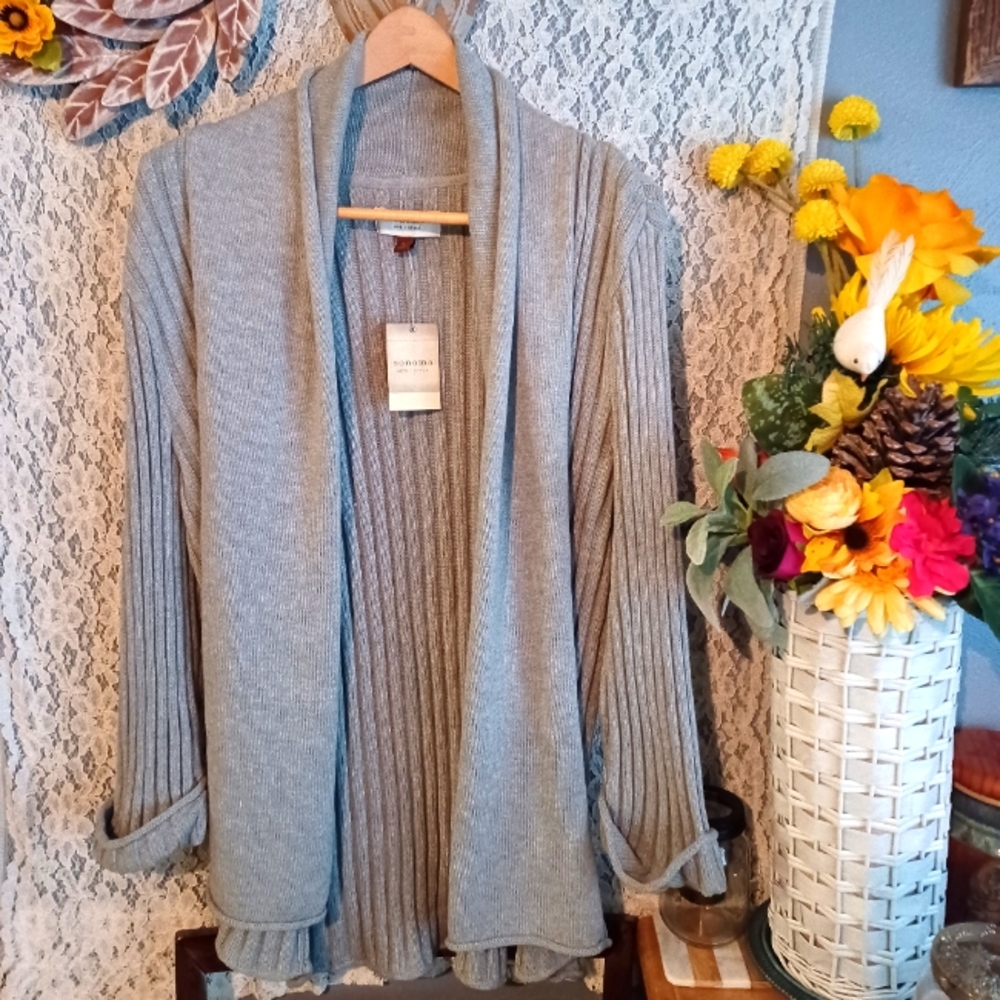 New Sonoma Women's size XL Gray Knit Ribbed Heavy Chunky 100% Cotton Cardigan